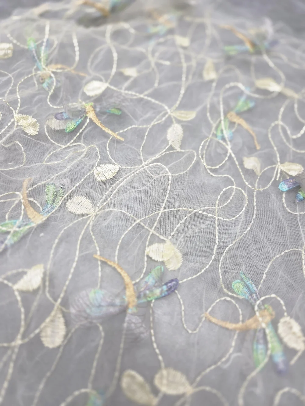Delicate Cream Embroidered Sheer Tulle W/3D Dragonflies